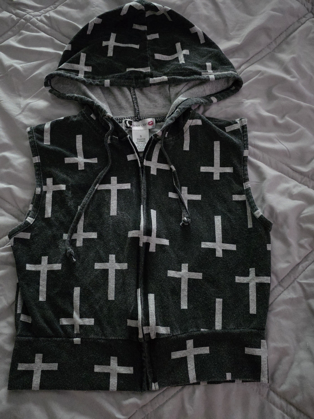 Body Central Black Cropped Hoodie Vest with Gray Cross Print
